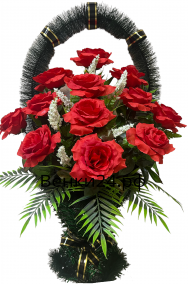 Фото Похоронная корзина "Средняя #1" красные розы и зелень