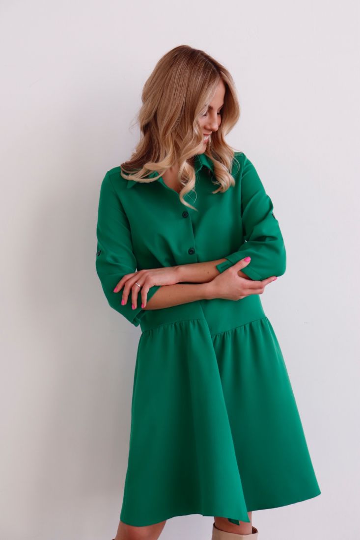 7963 Платье-рубашка с воланом зелёное