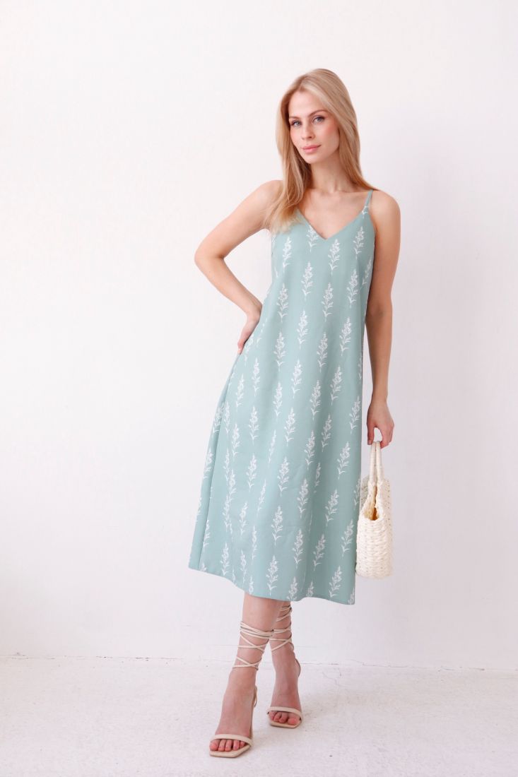 9139 Платье-комбинация серо-зелёное с принтом