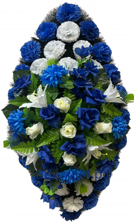 Фото Ритуальный венок из искусственных цветов - Классика #30 сине-бело-зелёный из гвоздик, роз, хризантем, лилий и папоротника