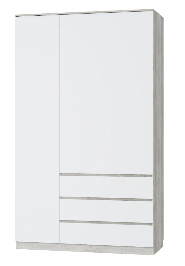 Шкаф трёхдверный "Лори" с 3 дверями и 3 ящиками (Дуб серый/Белый)