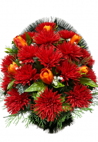 Фото Ритуальная корзина "Ладья ЛКЛ-5" - красные хризантемы,тюльпаны
