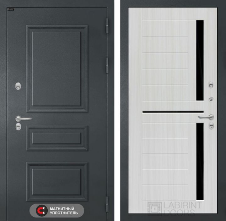 Дверь входная Лабиринт ATLANTIC 02 Сандал белый, стекло черное металлическая