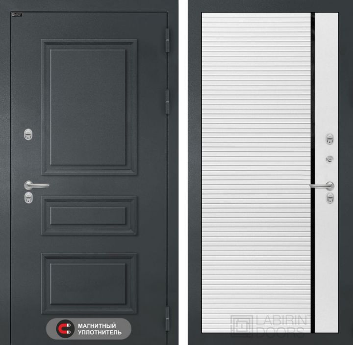 Дверь входная Лабиринт ATLANTIC 22 Белый софт, черная вставка металлическая