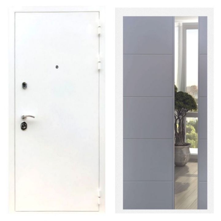 Дверь входная металлическая Лекс Х5 Шагрень Белая Зеркало ЛФЛС-19 Софт Грей