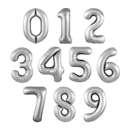 НОВИНКА! Цифры 0-9 серебряные СРЕДНИЕ фольгированный шар с гелием