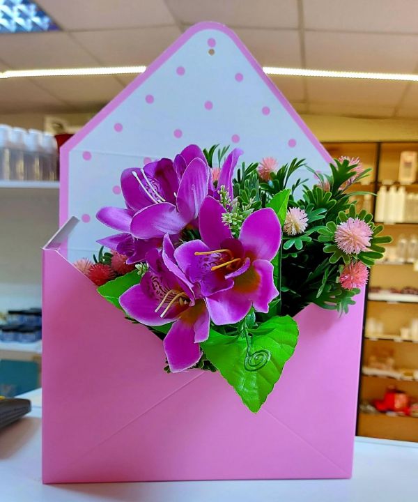 Коробка для цветов Конверт Розовый  22x8x32см