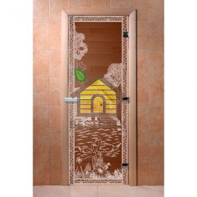 Дверь стеклянная для сауны бани DW "Банька в лесу бронза"