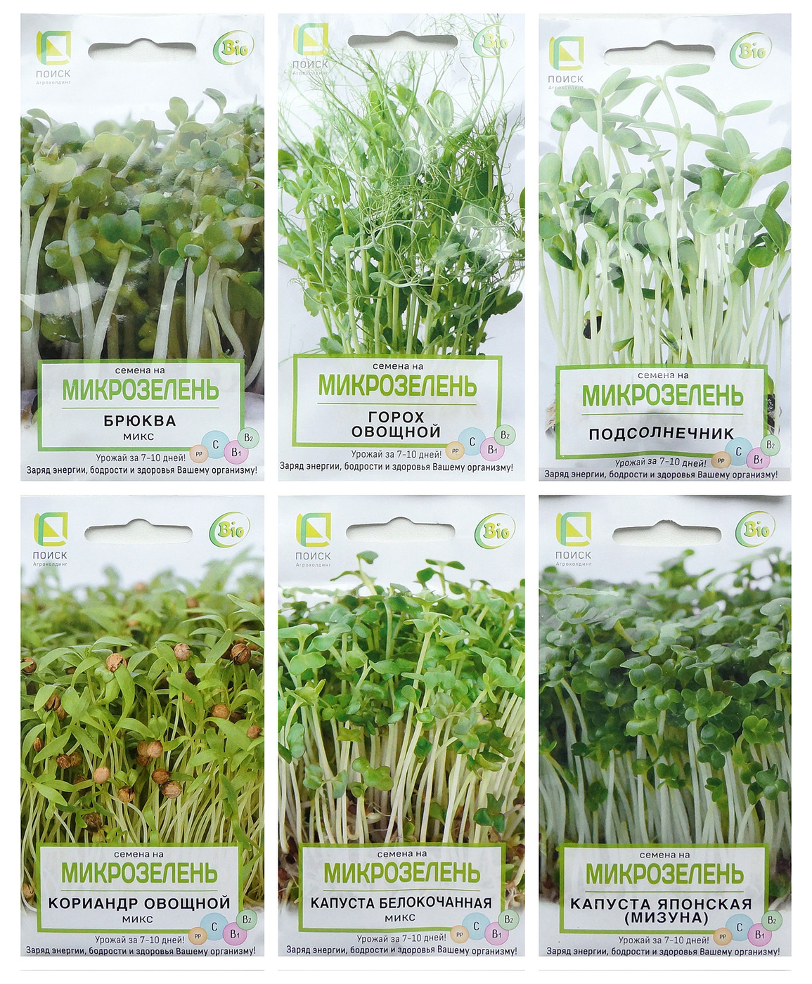 Набор микрозелени №2, 6 пакетиков: подсолнечник, кориандр, горох, брюква, капуста, мизуна