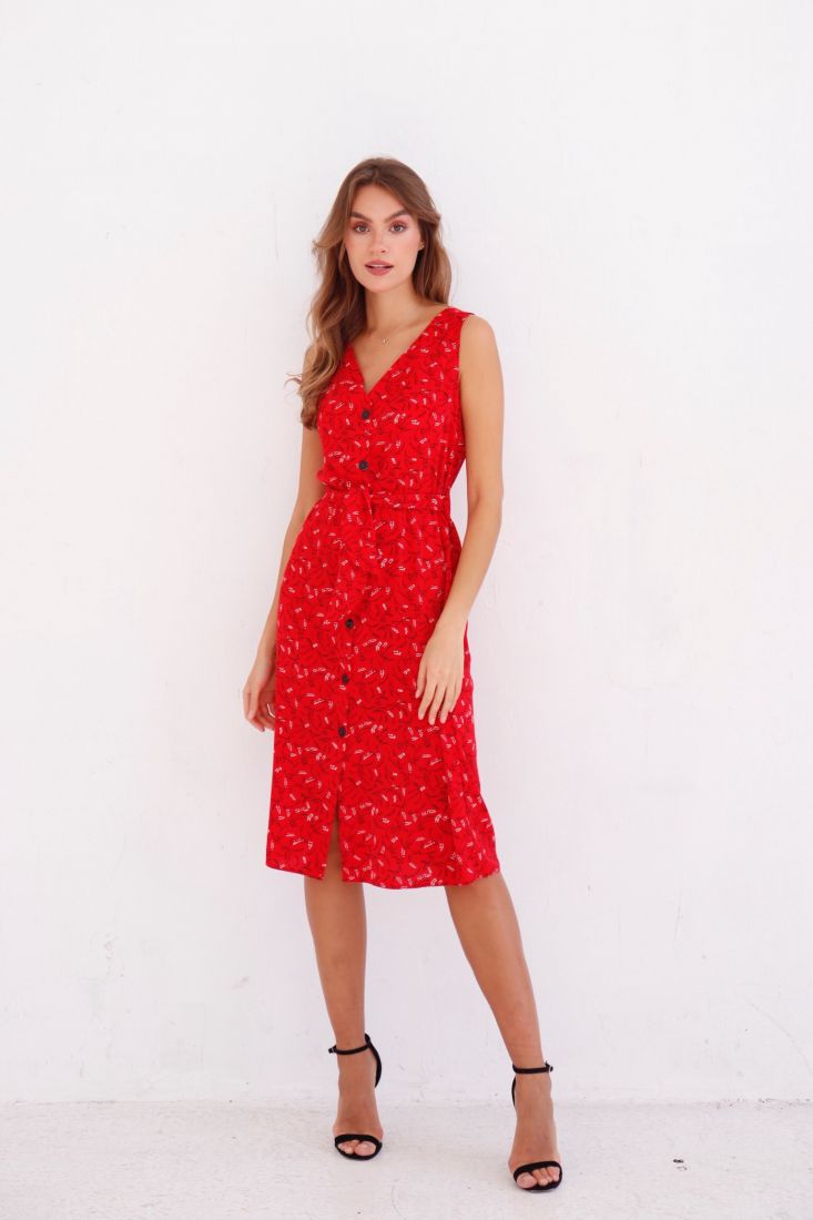 9302 Платье-сарафан с фигурным поясом красное с принтом