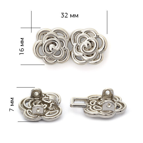 Крючок для одежды Розы (декоративная застежка) металл 32х16 мм Цвет никель (TBY80301)