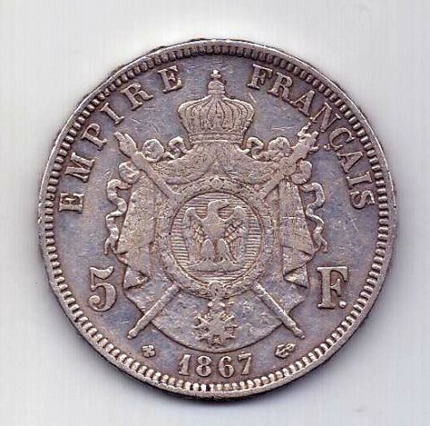 5 франков 1867 Франция XF Страсбург