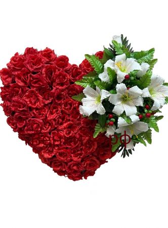 Фото Ритуальный венок Сердце красные розы, белые лилии