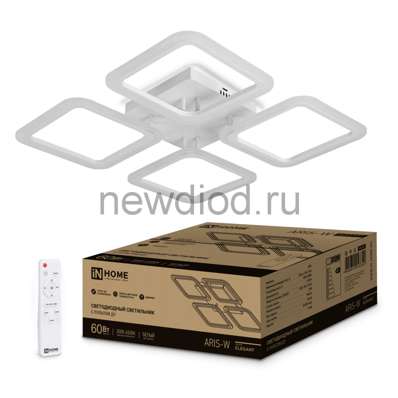Светильник сд ELEGANT ARIS-W 60Вт 230В 3000-6500K 4700Лм 450х450х75мм c пультом ДУ белый IN HOME