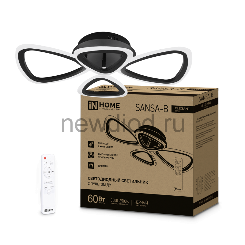 Светильник сд ELEGANT SANSA-B 60Вт 230В 3000-6500K 4700Лм 600х400х75мм c пультом ДУ черный IN HOME