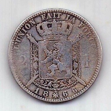 2 франка 1866 Бельгия Редкий год