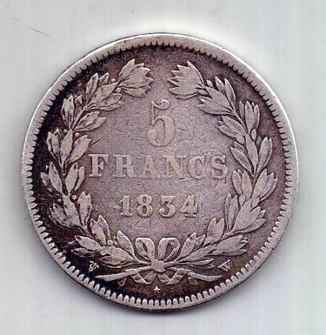 5 франков 1834 Франция Лилль Редкость