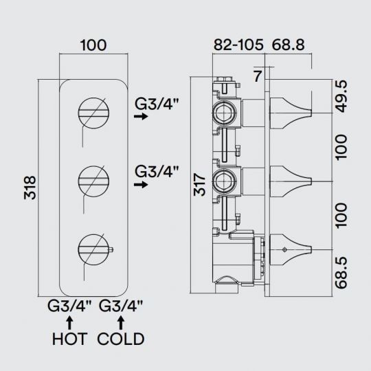 Внешняя часть термостатического смесителя Bossini APICE высокой пропускной способности на 2-4 выхода Z035204 схема 2