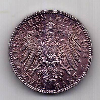 2 марки 1914 Бавария Германия UNC