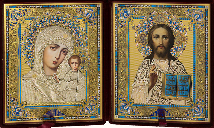 Складень бархатный с иконами: Спаситель, Казанская икона Божией Матери (18х22 см), венчальная пара