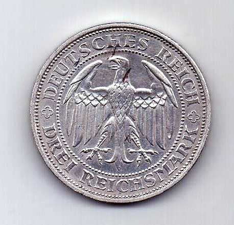 3 марки 1929 Веймарская республика Германия AUNC
