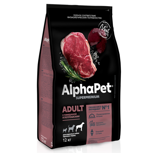 Сухой корм для собак крупных пород AlphaPet Adult Superpremium с говядиной и потрошками