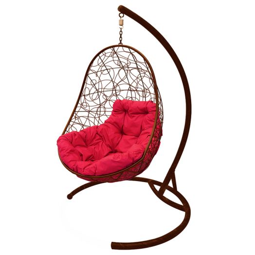 МГКОР-12-06 Подвесное кресло ОВАЛ с ротангом коричневое, красная подушка