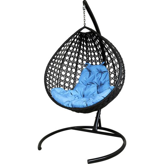 МГККЛР-14-03 Подвесное кресло КАПЛЯ ЛЮКС с ротангом чёрное, голубая подушка