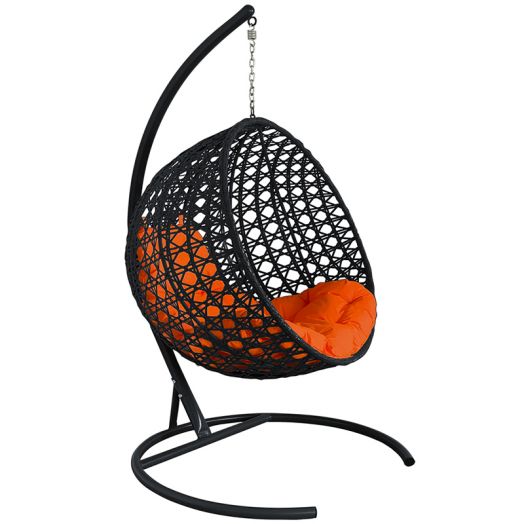 МГКШЛР-14-07 Подвесное кресло КРУГ ЛЮКС с ротангом чёрное, оранжевая подушка