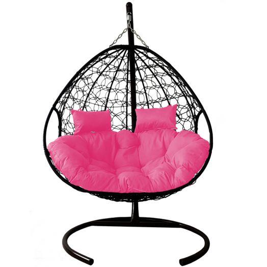 МГПК2-14-08 Подвесное кресло ДЛЯ ДВОИХ с ротангом чёрное, розовая подушка