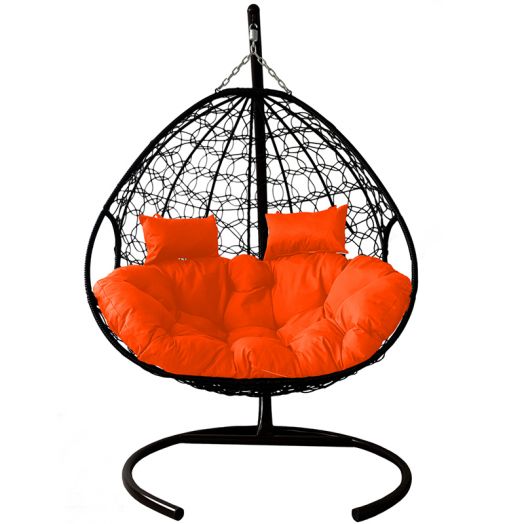МГПК2-14-07 Подвесное кресло ДЛЯ ДВОИХ с ротангом чёрное, оранжевая подушка