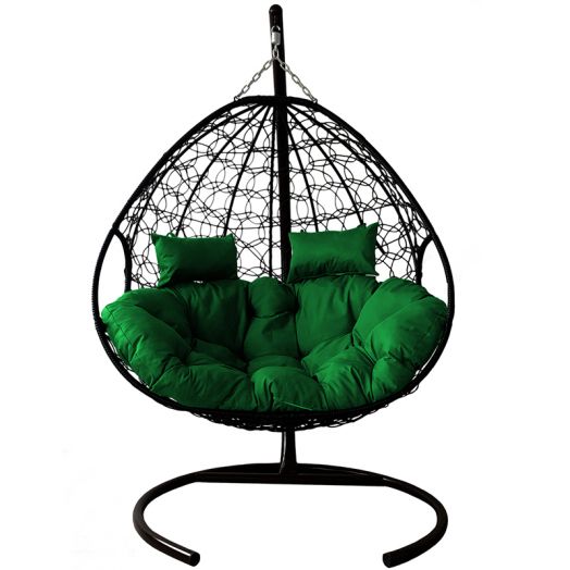 МГПК2-14-04 Подвесное кресло ДЛЯ ДВОИХ с ротангом чёрное, зелёная подушка