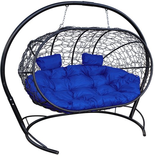 МГПДЛ-14-10 Подвесной диван ЛЕЖЕБОКА с ротангом чёрный, синяя подушка