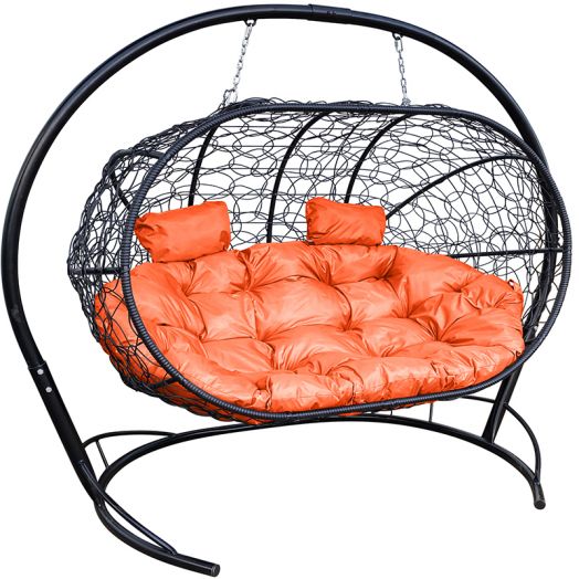 МГПДЛ-14-07 Подвесной диван ЛЕЖЕБОКА с ротангом чёрный, оранжевая подушка