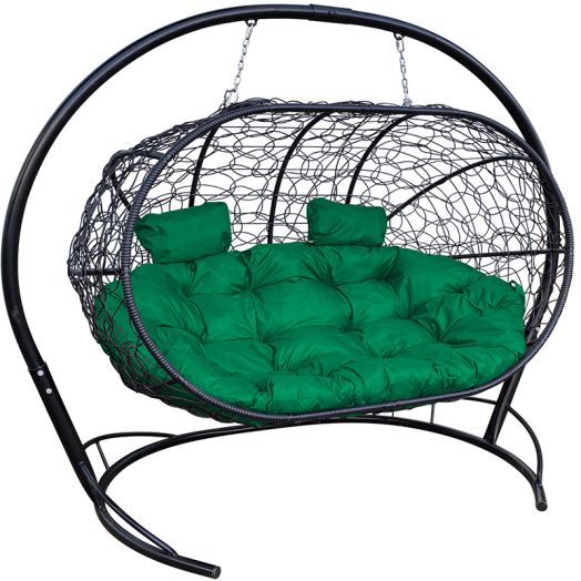 МГПДЛ-14-04 Подвесной диван ЛЕЖЕБОКА с ротангом чёрный, зелёная подушка