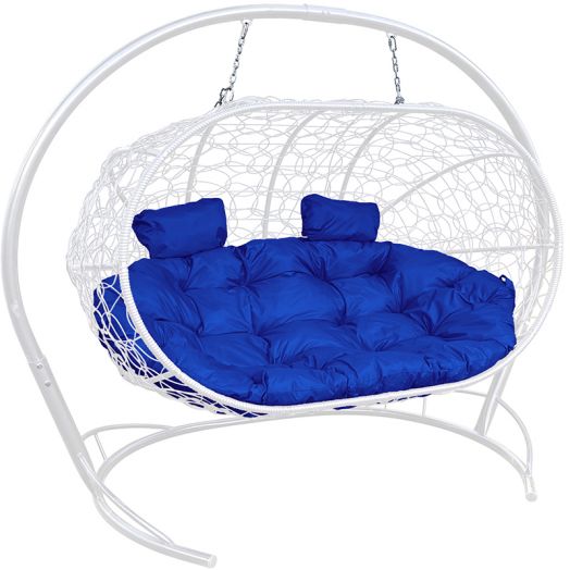 МГПДЛ-11-10 Подвесной диван ЛЕЖЕБОКА с ротангом белый, синяя подушка