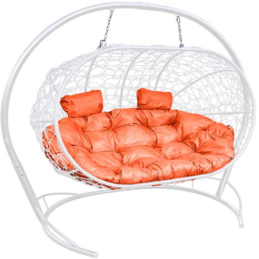 МГПДЛ-11-07 Подвесной диван ЛЕЖЕБОКА с ротангом белый, оранжевая подушка