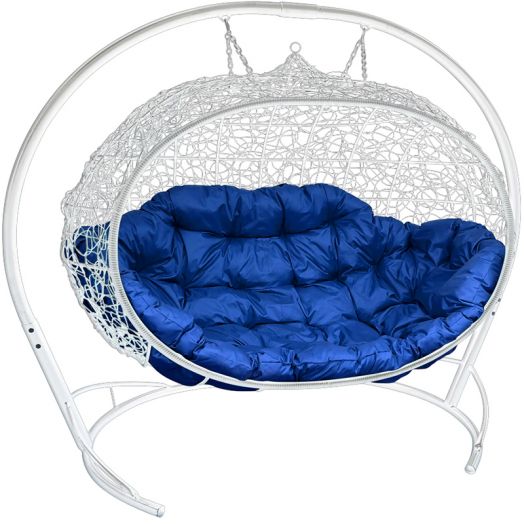 МГПДУ-11-10 Подвесной диван УЛЕЙ с ротангом белый, синяя подушка