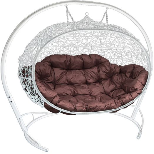 МГПДУ-11-05 Подвесной диван УЛЕЙ с ротангом белый, коричневая подушка