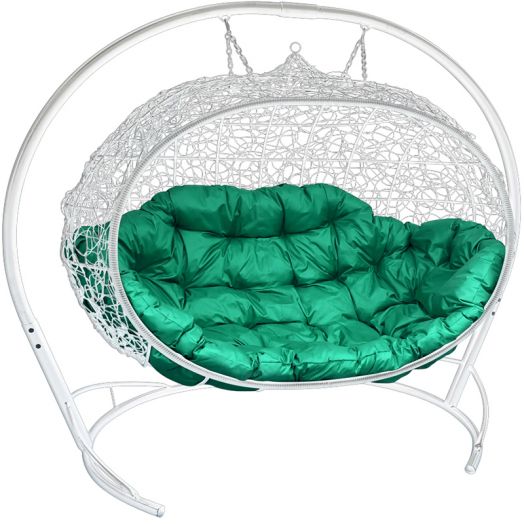МГПДУ-11-04 Подвесной диван УЛЕЙ с ротангом белый, зелёная подушка