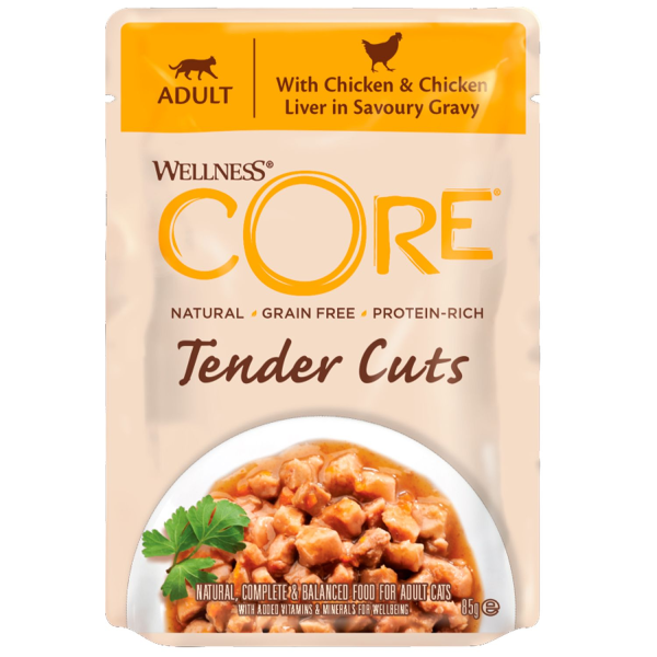 Влажный корм для кошек Core Tender Cuts нарезка в соусе из курицы с печенью 85 гр