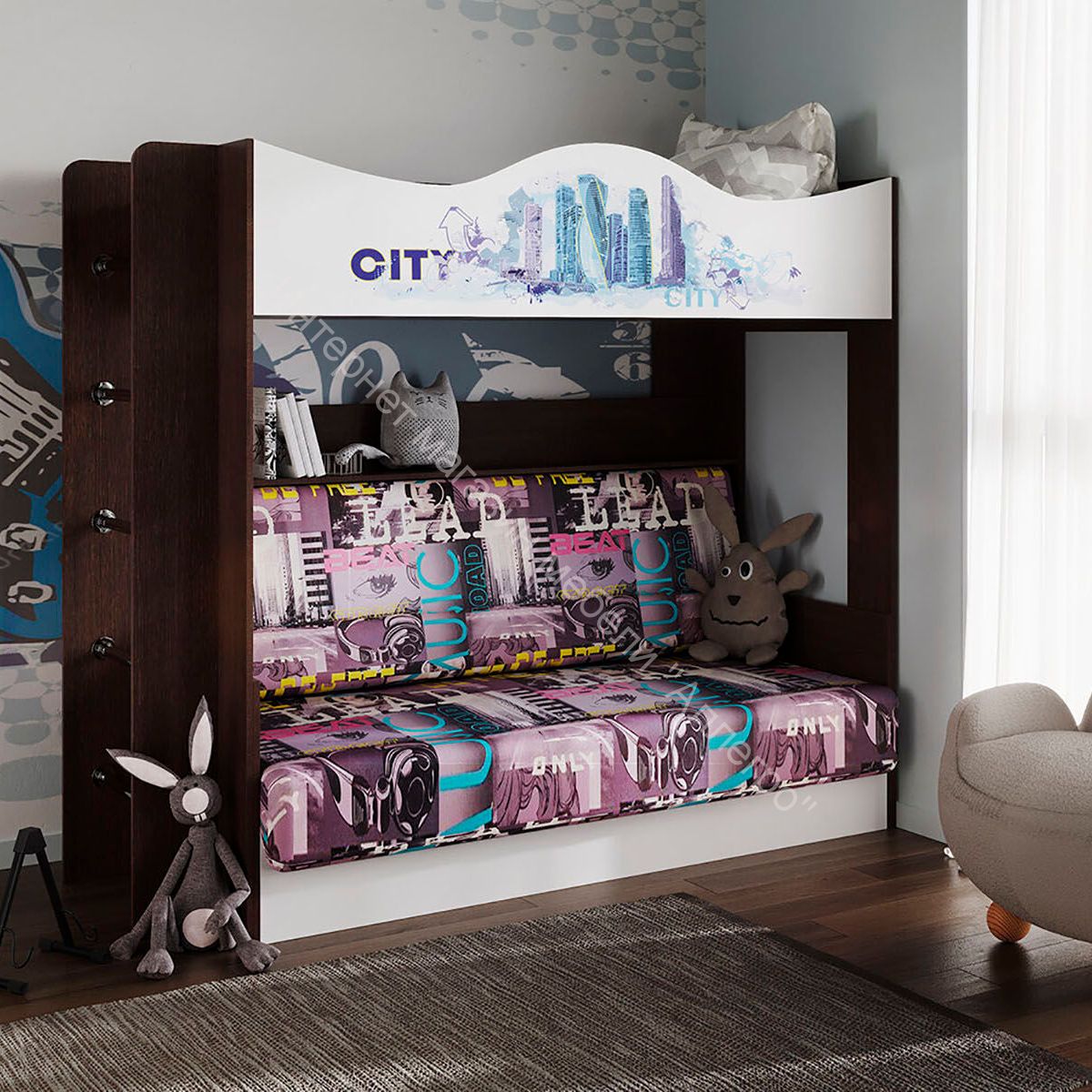 Кровать Сити двухъярусная с диваном, венге/белый/фиолетовый