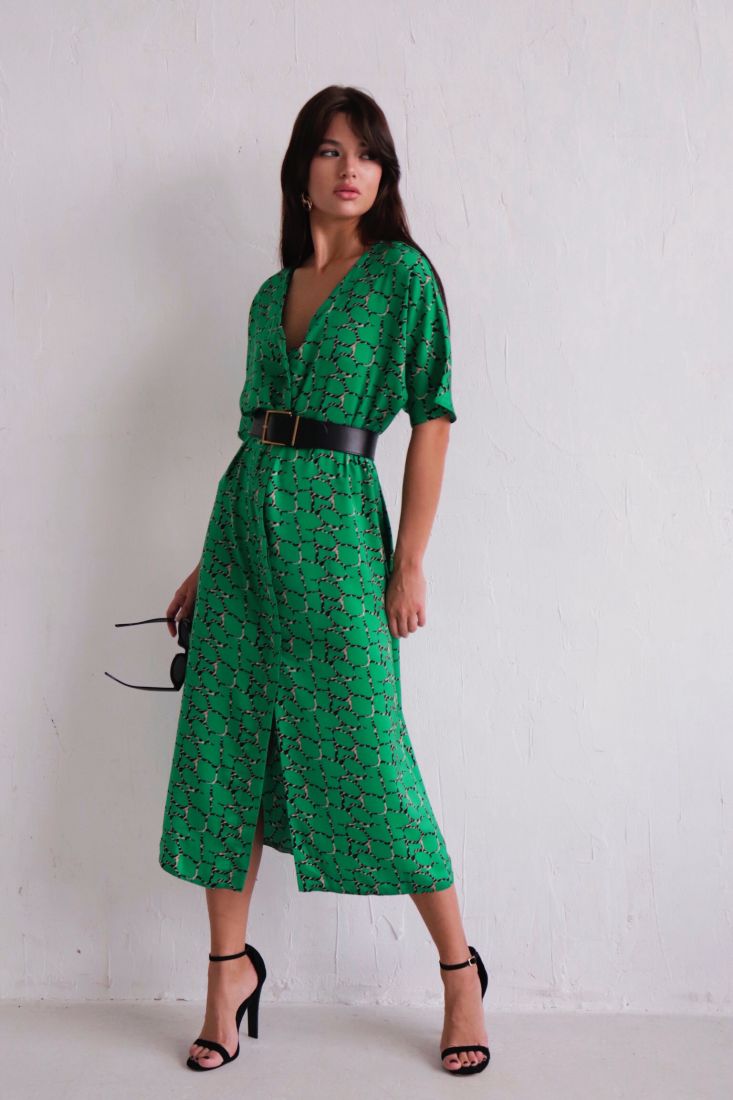 7906 Шёлковое платье-кафтан зелёное с принтом