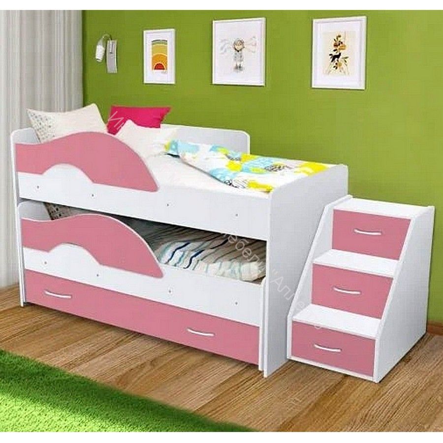 Кровать 2-х ярусная выкатная "Радуга" (Матрешка) 0,8х1,6м на щитах с ящиком и лесенкой Белый, Розовый