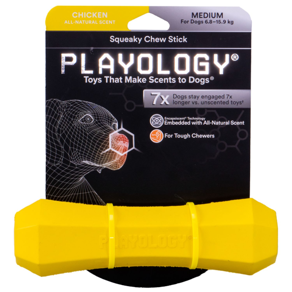 Игрушка для собак средних пород Playology SQUEAKY CHEW STICK желтая жевательная палочка средняя с ароматом арахиса