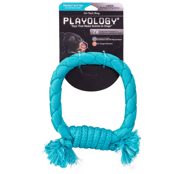 Игрушка для собак средних и крупных пород Playology DRI-TECH RING голубое жевательное кольцо-канат с ароматом арахиса