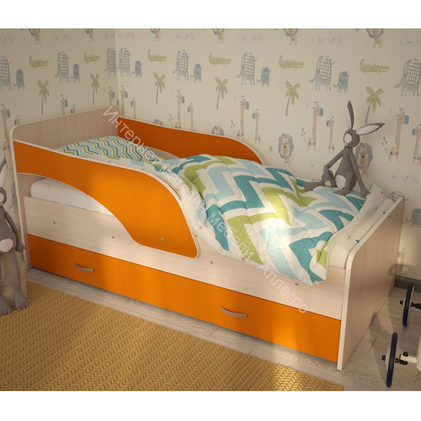 Кровать "Максимка" на щитах млечный дуб, оранжевый