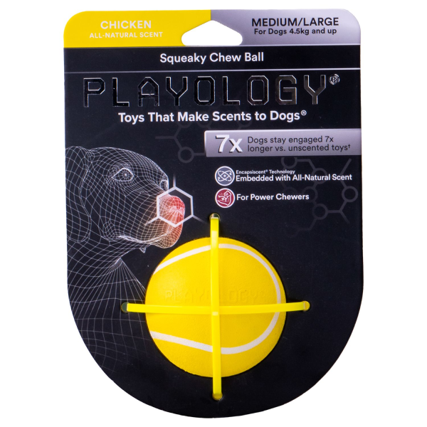 Игрушка для собак мелких и средних пород Playology SQUEAKY CHEW BALL желтый жевательный мяч с ароматом курицы 6 см
