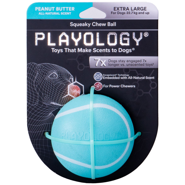 Игрушка для собак средних и крупных пород Playology SQUEAKY CHEW BALL голубой жевательный мяч с пищалкой и с ароматом арахиса 8 см
