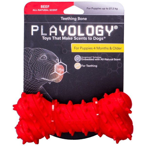 Игрушка для щенков Playology PUPPY TEETHING BONE красная жевательная косточка с ароматом говядины